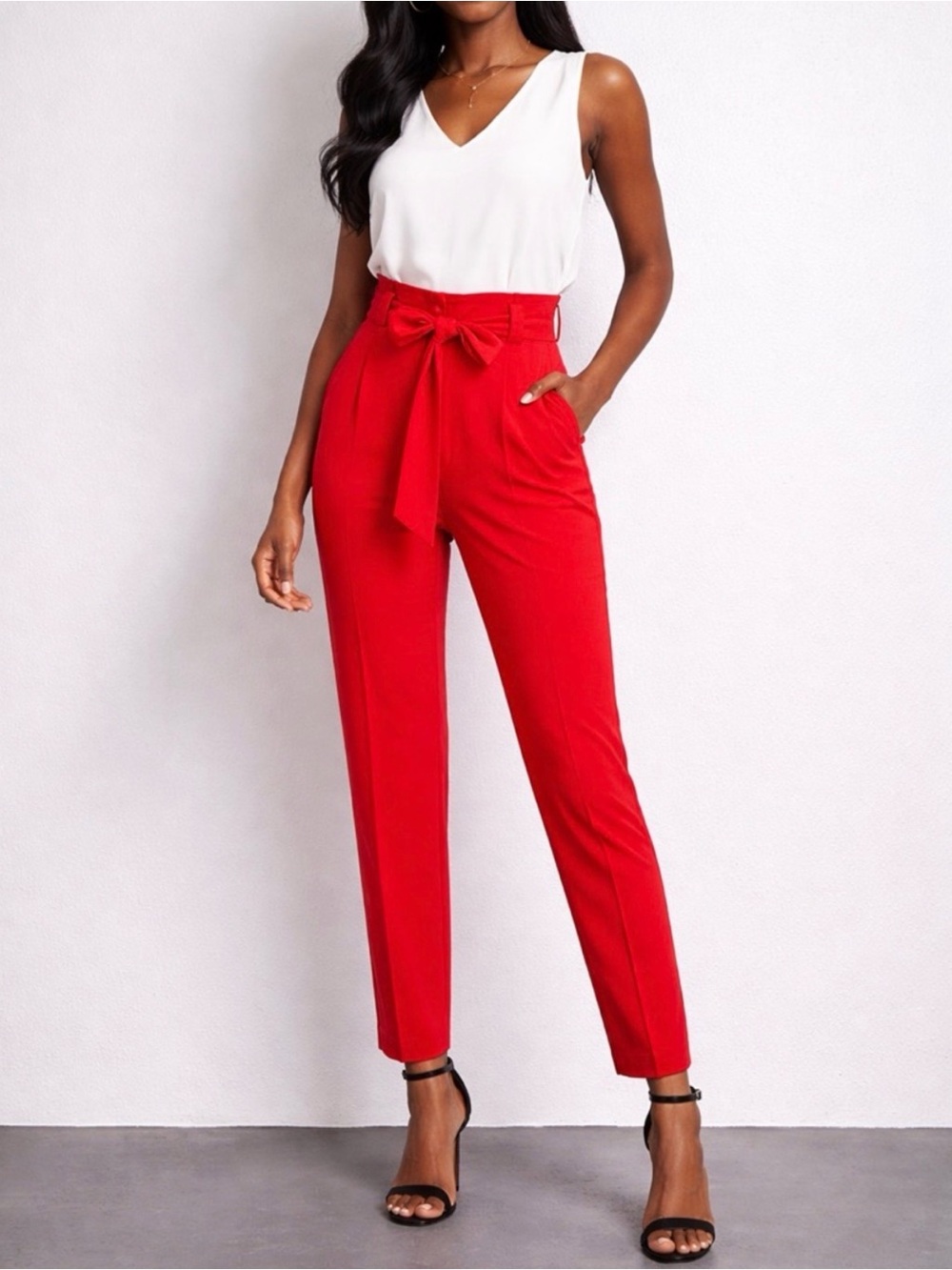 High-Waist Paperbag Trousers with Tie Belt